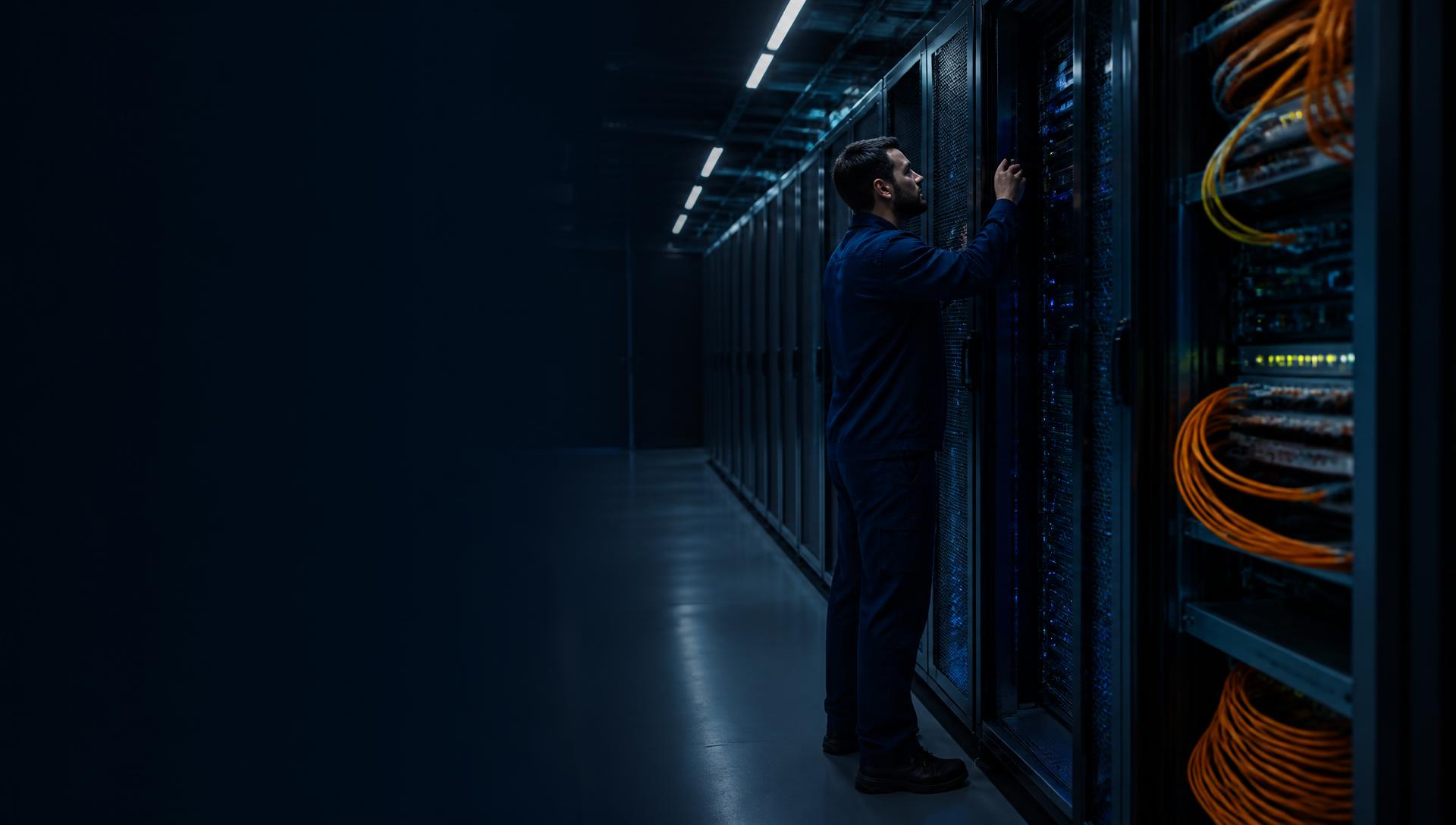Technician maintaining enterprise server infrastructure